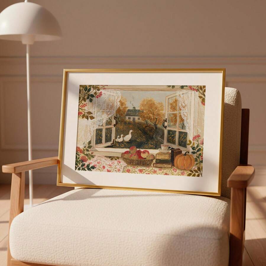 Autumn cottage window canvas print displayed in a living room chair