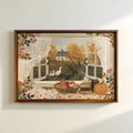 Framed farmhouse autumn window scene canvas with ducks, apples, books, and pumpkin