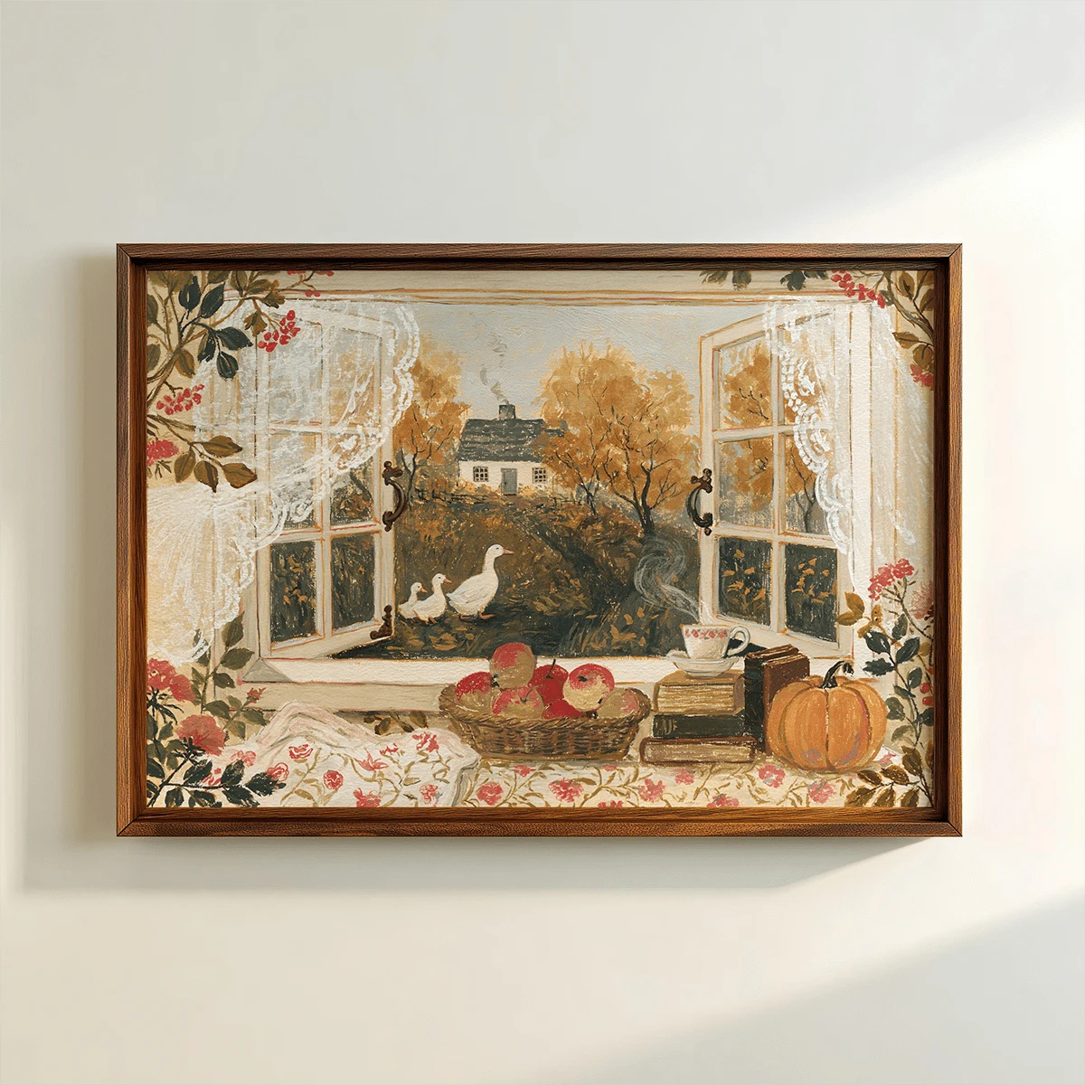 Framed farmhouse autumn window scene canvas with ducks, apples, books, and pumpkin