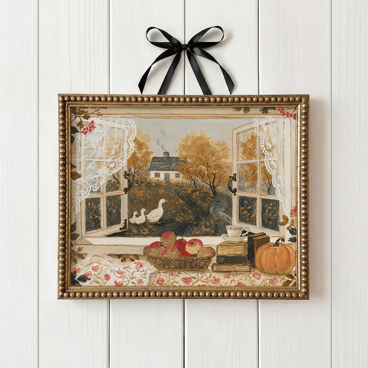 Autumn cottage window duck artwork in a gold beaded frame with black ribbon
