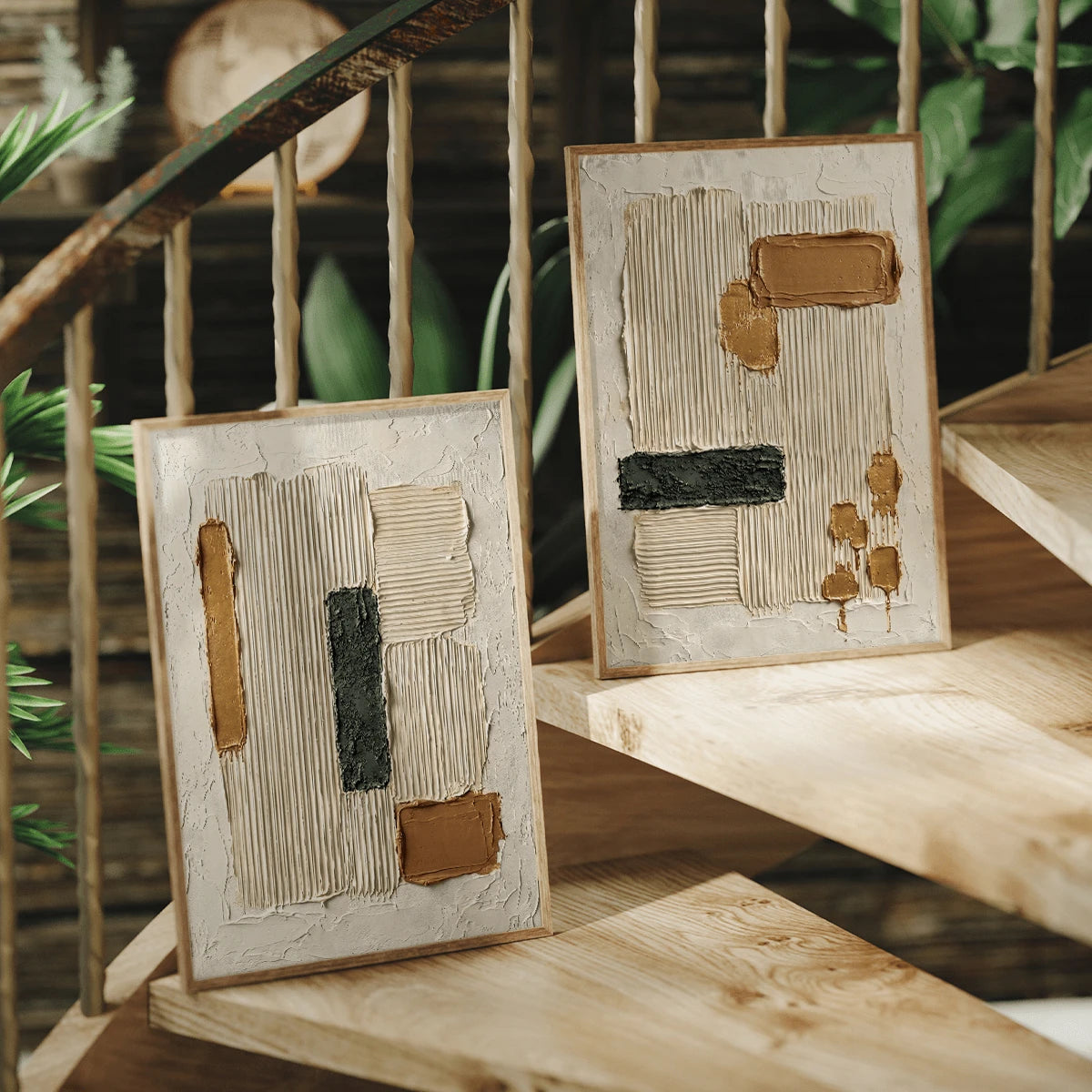 Grooved plaster abstract canvas art in a boho stairwell setting