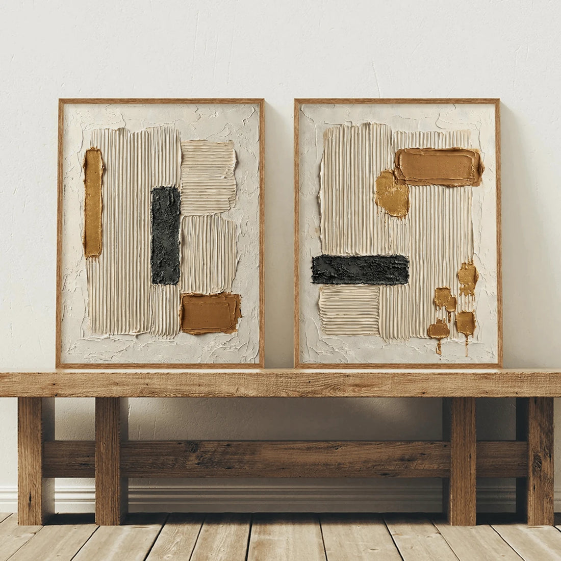 Neutral abstract plaster diptych canvas poster with cream ochre black and gold ridged artwork