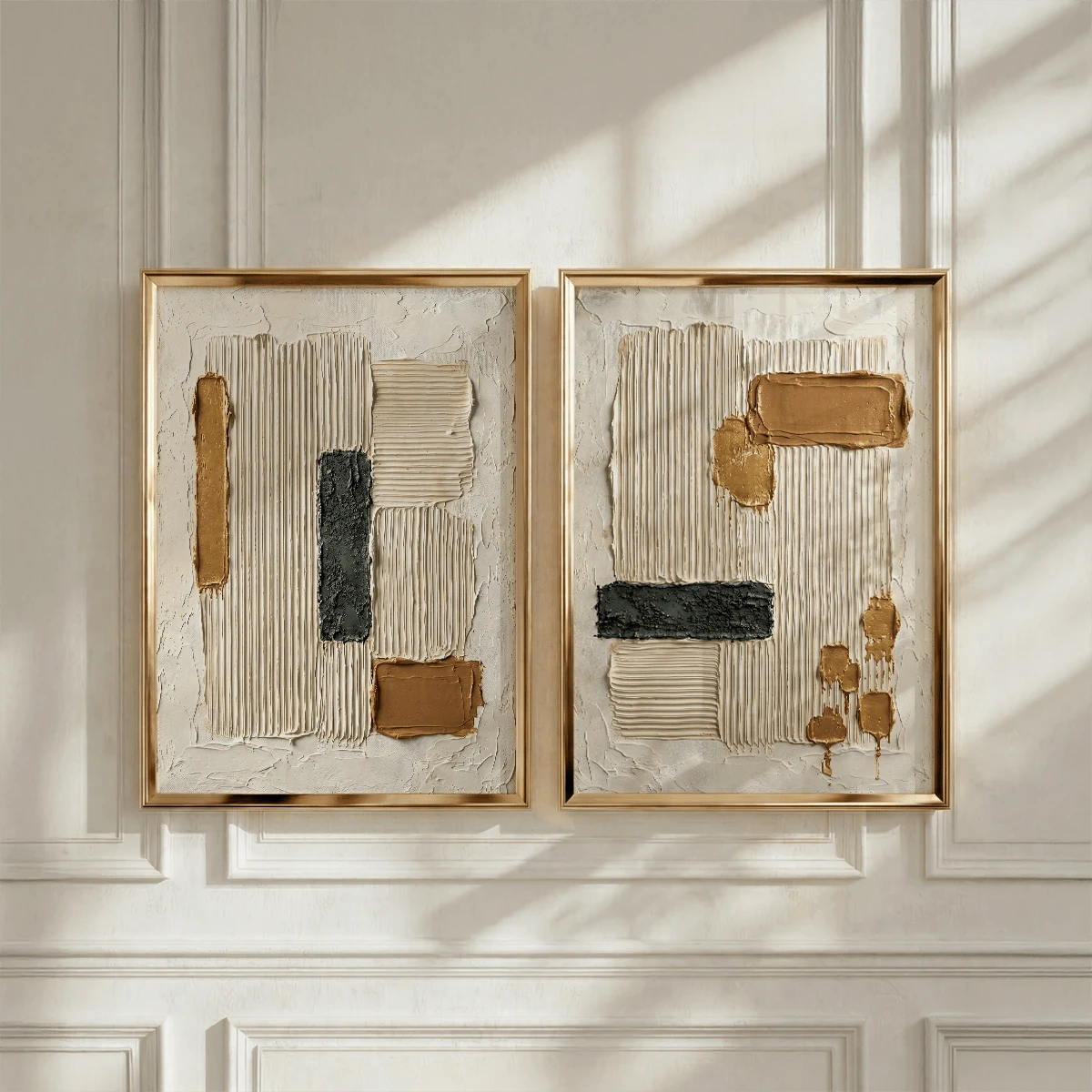 Cream ochre and black ridged plaster wall art in a sunlit room