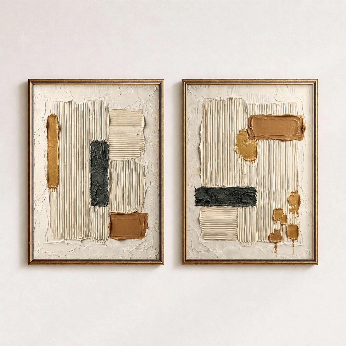 Neutral abstract plaster diptych canvas poster with cream ochre black and gold ridged artwork