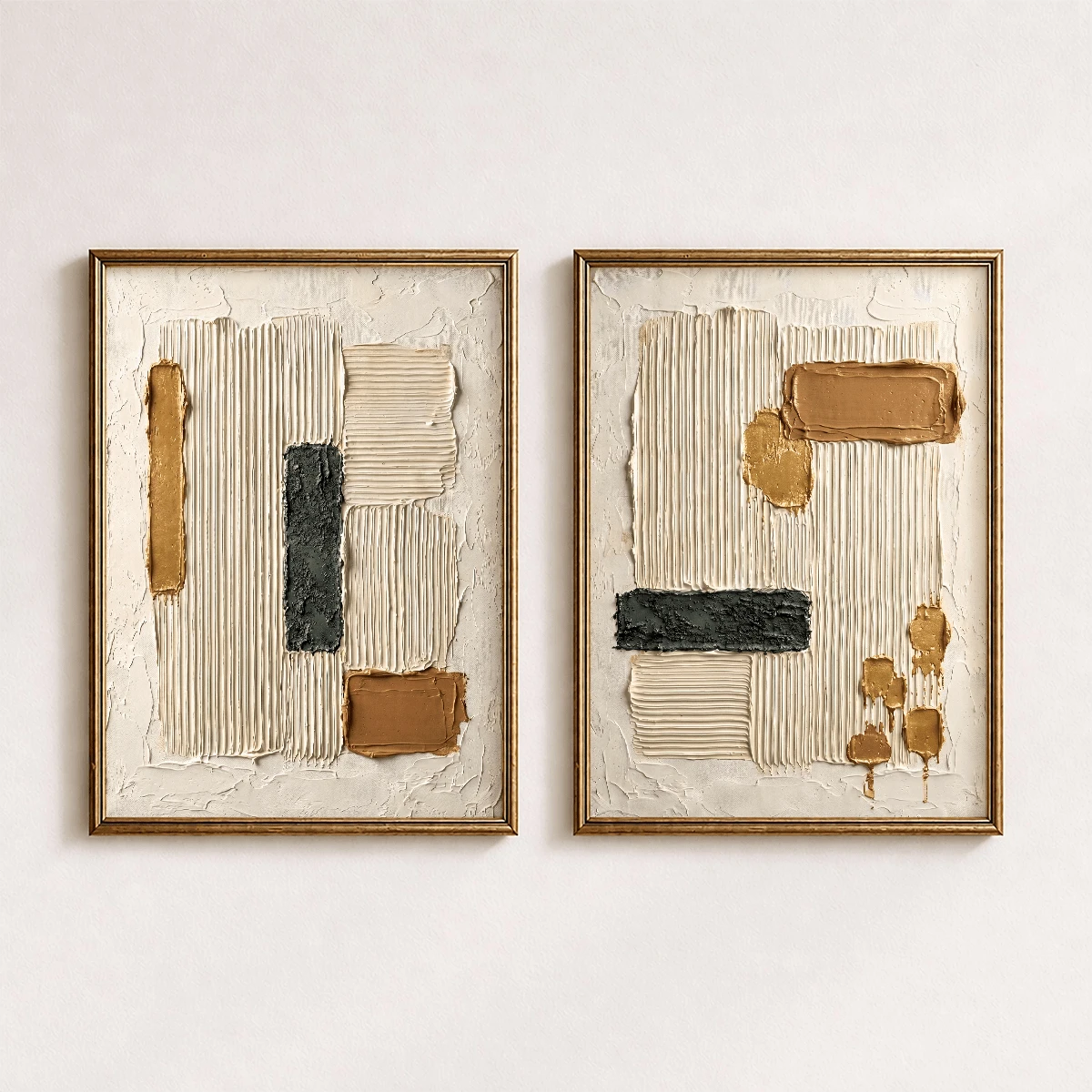 Neutral abstract plaster diptych canvas poster with cream ochre black and gold ridged artwork