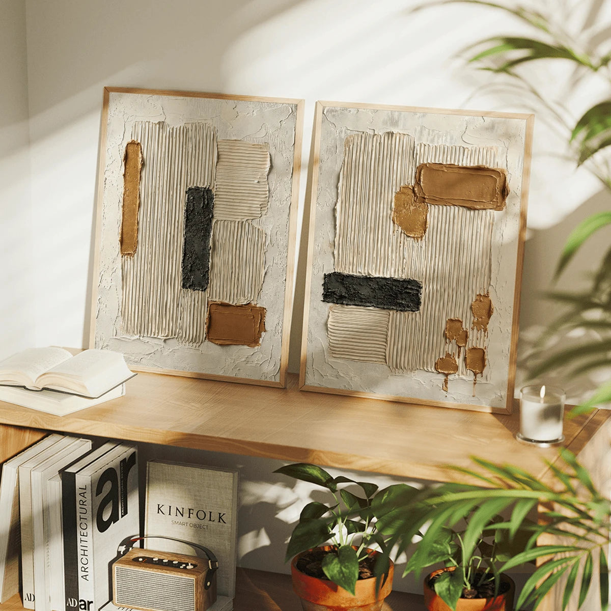 Raised ribbed neutral wall art canvas shown with plants and timber shelving