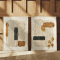 Wabi-sabi abstract plaster canvas poster displayed in a warm wood interior