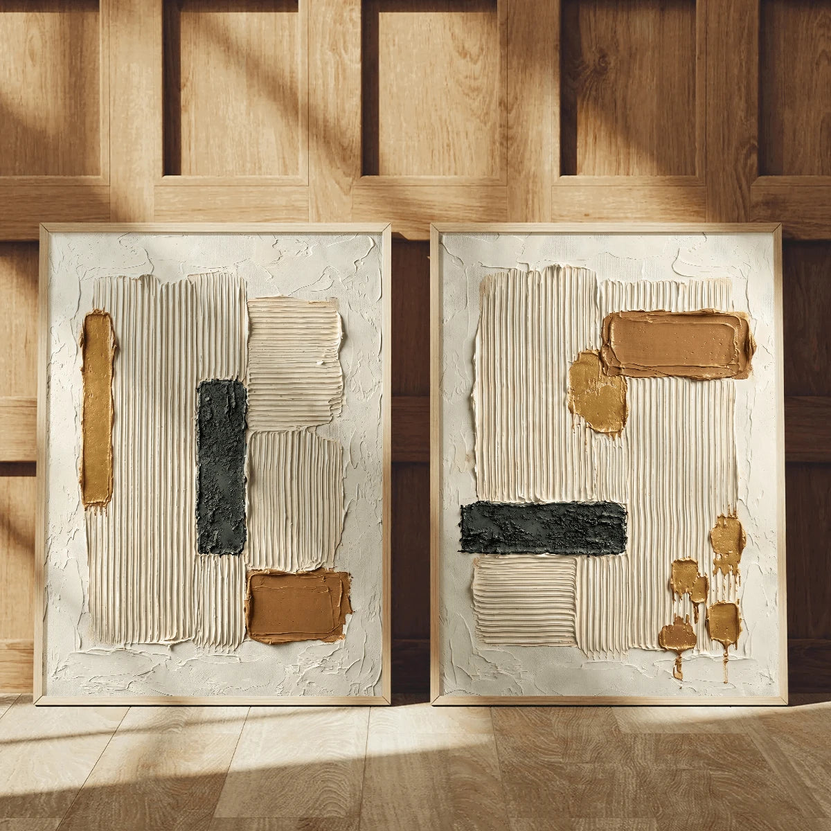 Wabi-sabi abstract plaster canvas poster displayed in a warm wood interior