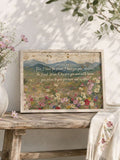 Framed Bible verse wildflower mountain wall art on a rustic wood bench