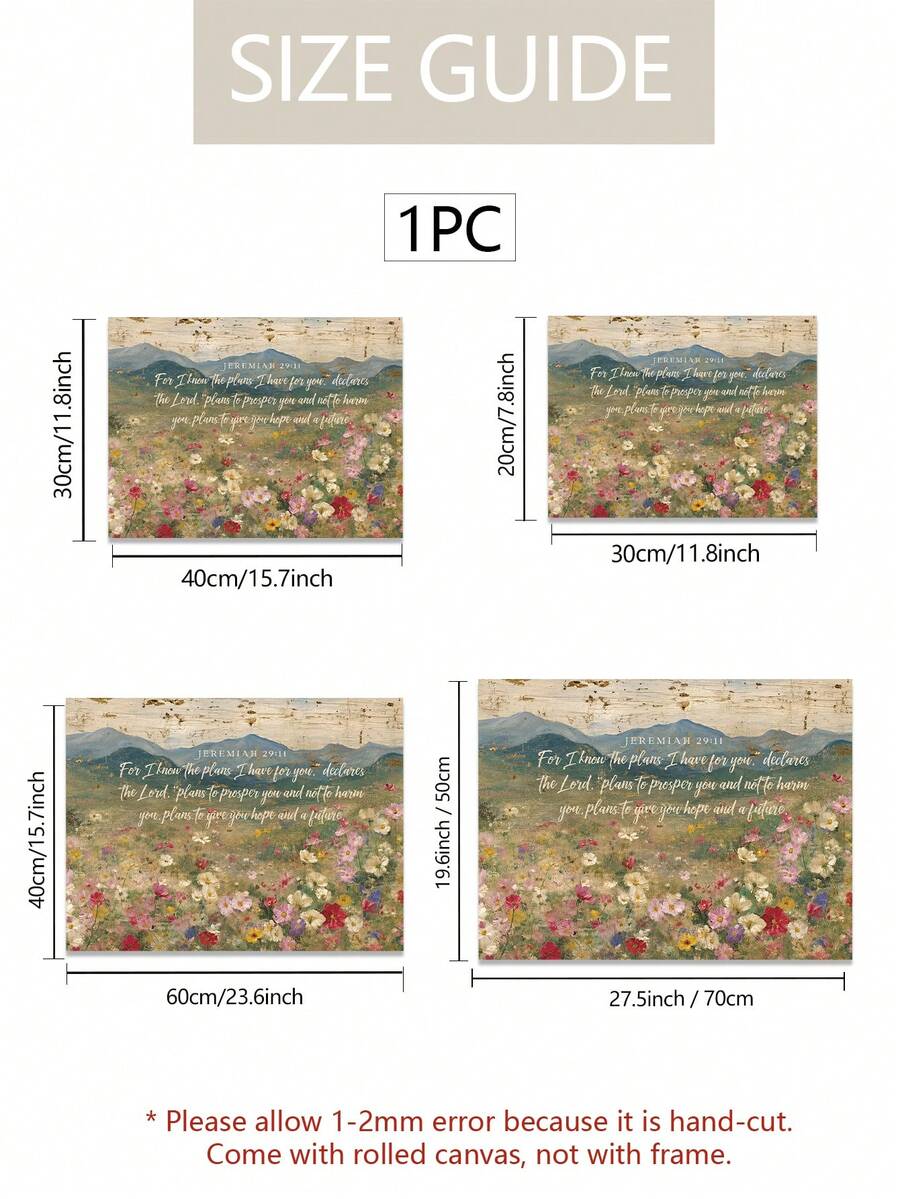 Size guide for Jeremiah 29:11 wildflower mountain canvas poster