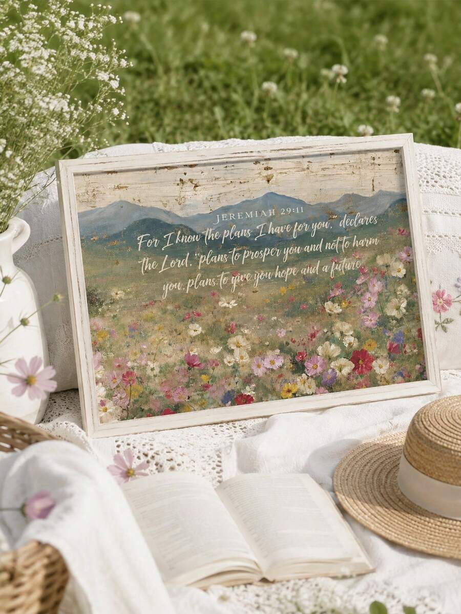 Jeremiah 29:11 scripture canvas poster styled with wildflowers and books outdoors