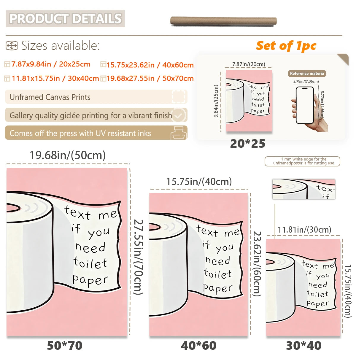 Toilet paper slogan canvas poster displayed against white wall molding and wood floor