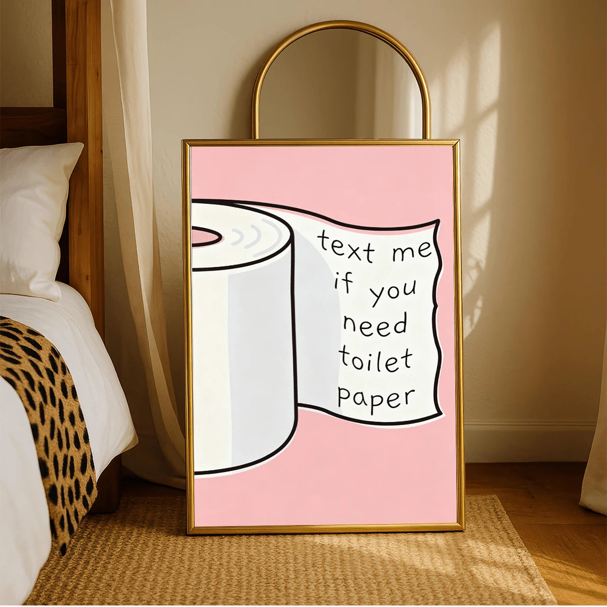 Pink powder room wall art in a gold frame with casual handwritten lettering