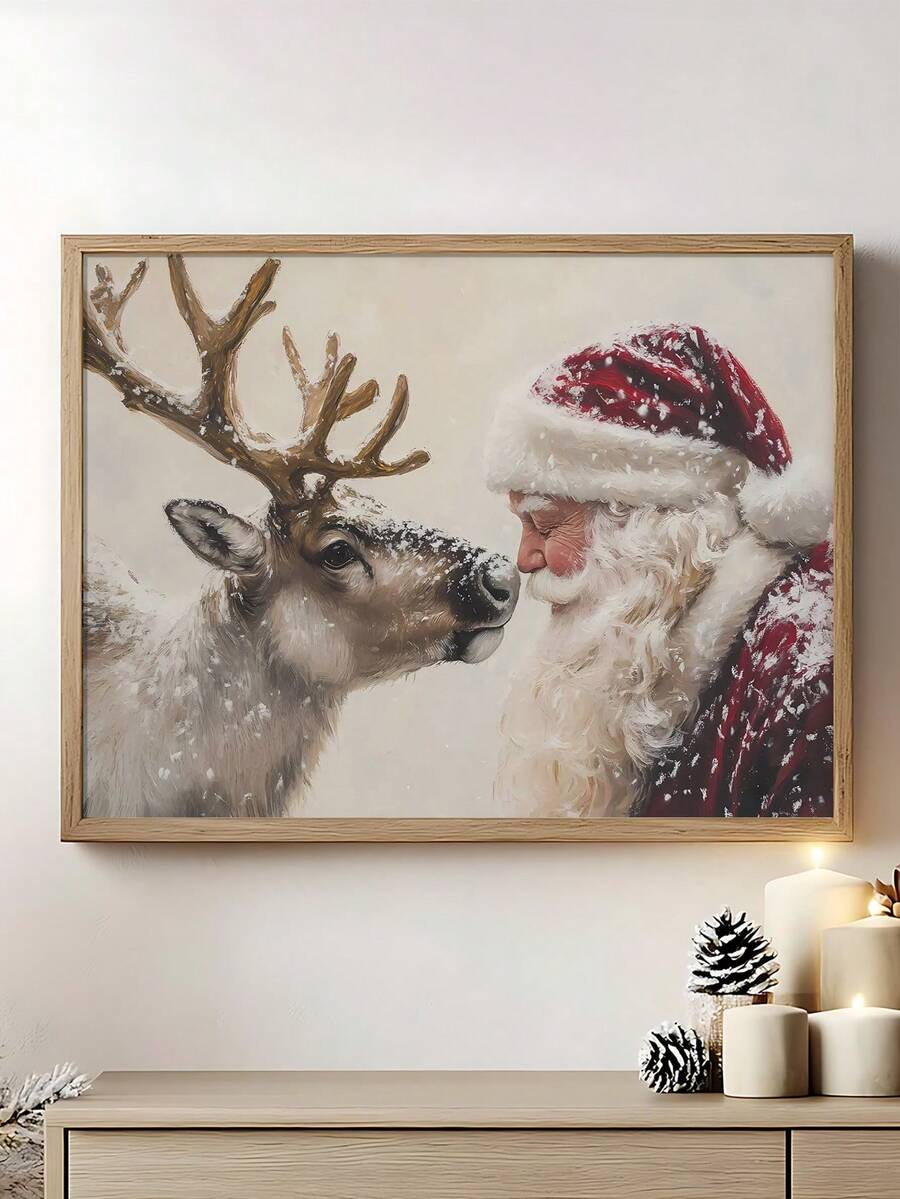 Vintage Santa greeting reindeer canvas poster above a garland mantel