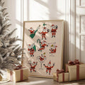 Gold-framed Santa cocktail print beside a frosted tree and ribboned gifts