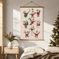 Wooden hanging Santa cocktail scroll poster above a bed with Christmas decor
