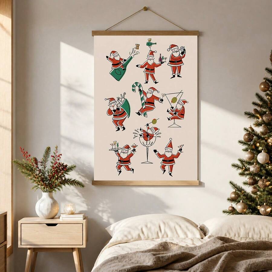 Wooden hanging Santa cocktail scroll poster above a bed with Christmas decor