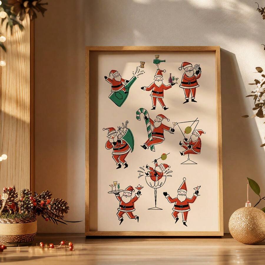 Wood-framed Santa cocktail print with holiday greenery and gold ornament