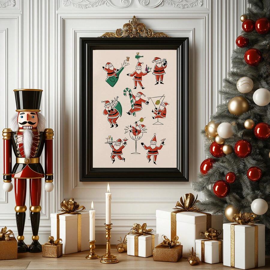 Black-and-gold Santa cocktail print beside a nutcracker and ornamented tree