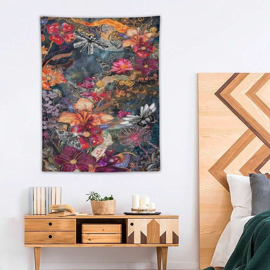 Maximalist boho tapestry with mystical florals dragonflies and butterfly in teal magenta orange and gold