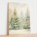 Watercolor Christmas trees under falling snow on a light canvas