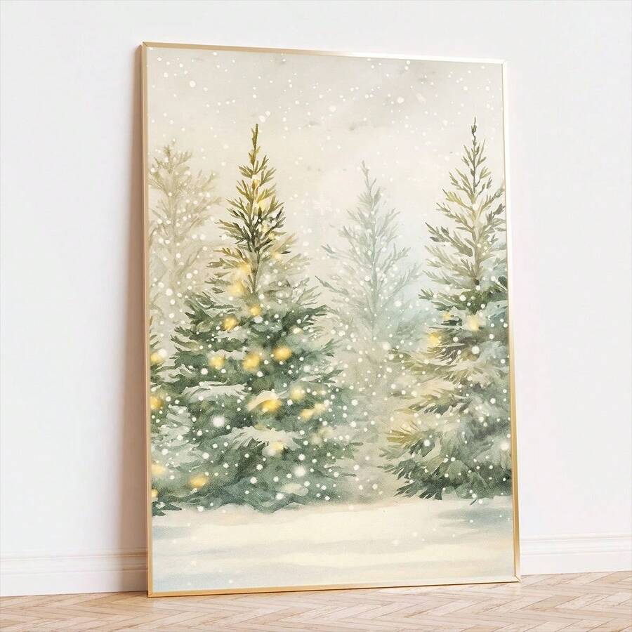 Watercolor Christmas trees under falling snow on a light canvas
