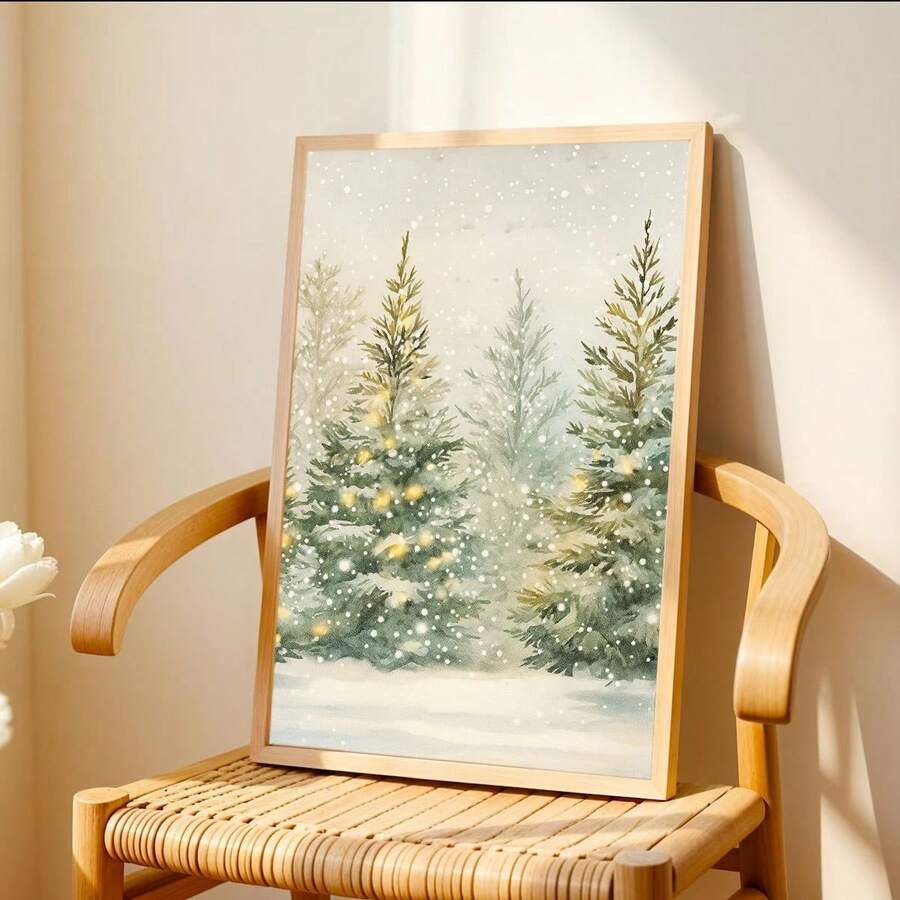 Christmas tree print with snowy branches and golden lights on a sideboard