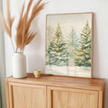 Watercolor winter forest canvas styled on a natural wood console