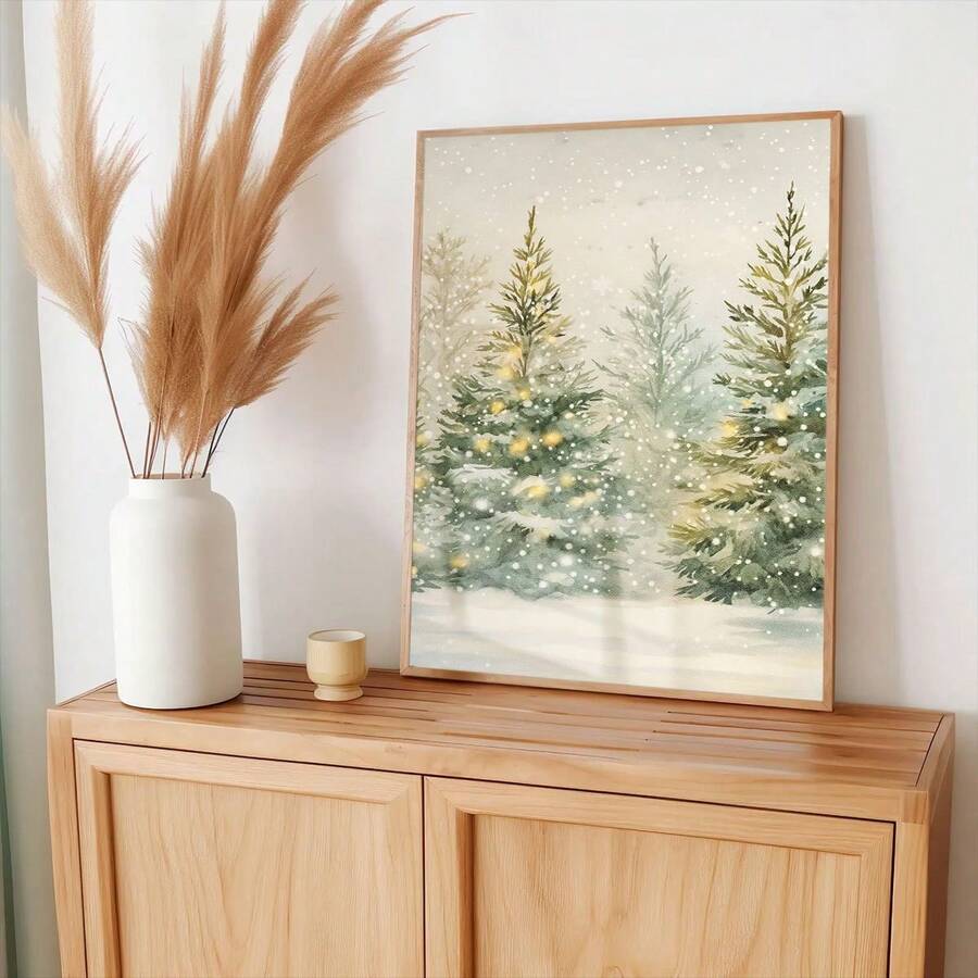 Watercolor winter forest canvas styled on a natural wood console
