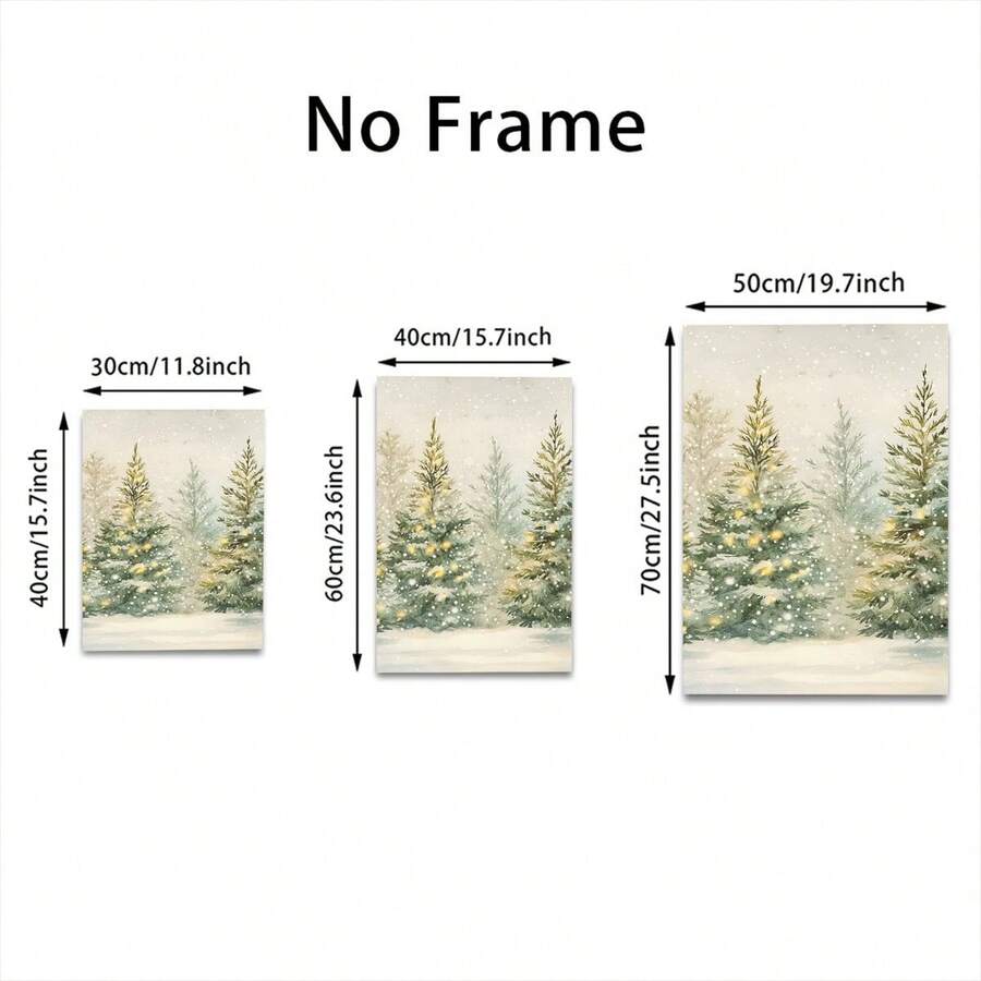 Framed snowy evergreen artwork displayed on a woven wood chair