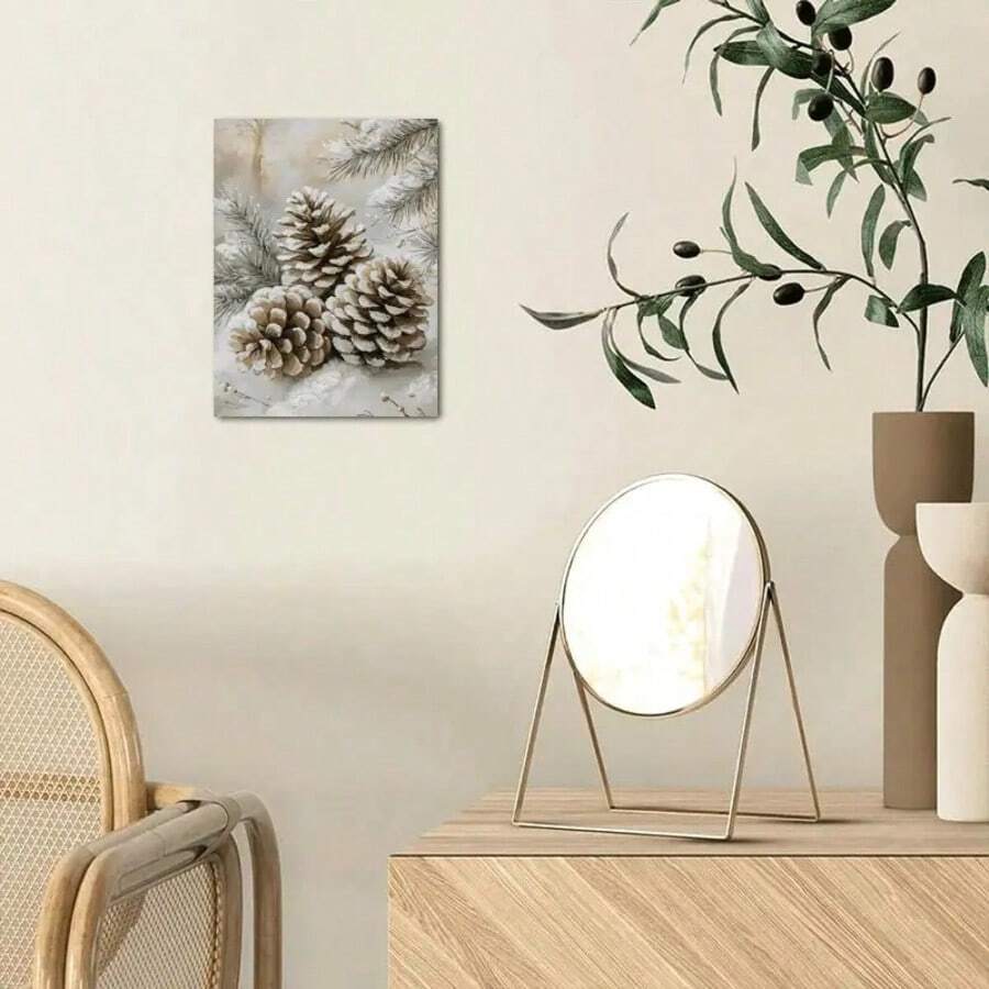 Pinecone winter wall art in a light wood and botanical interior