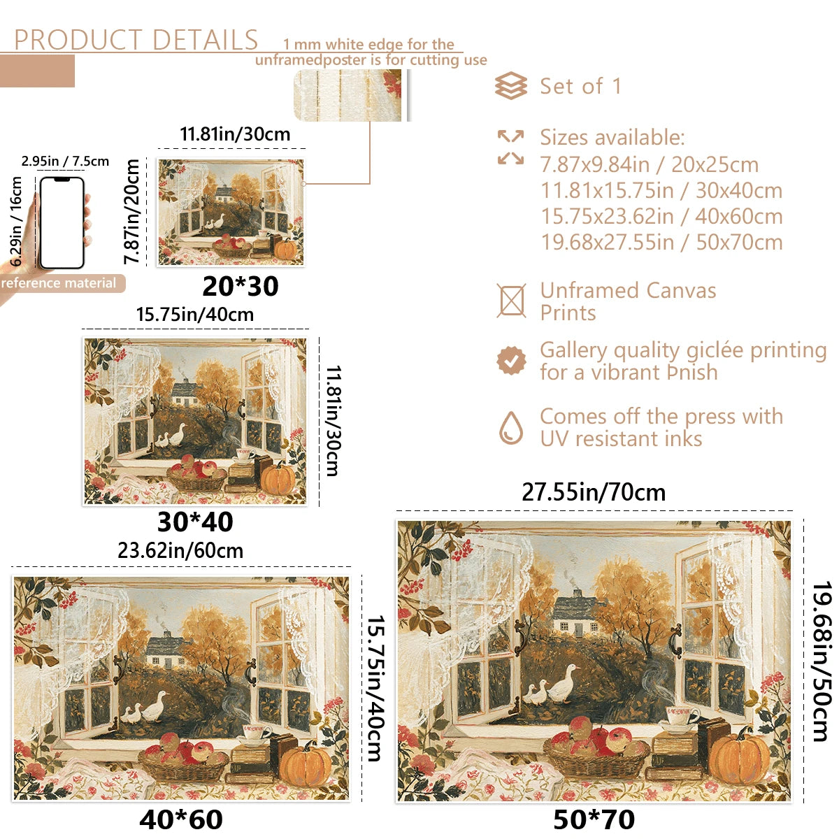 Autumn cottage window canvas poster size chart and unframed print details