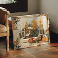 Farmhouse autumn duck canvas poster leaning beside a wooden chair