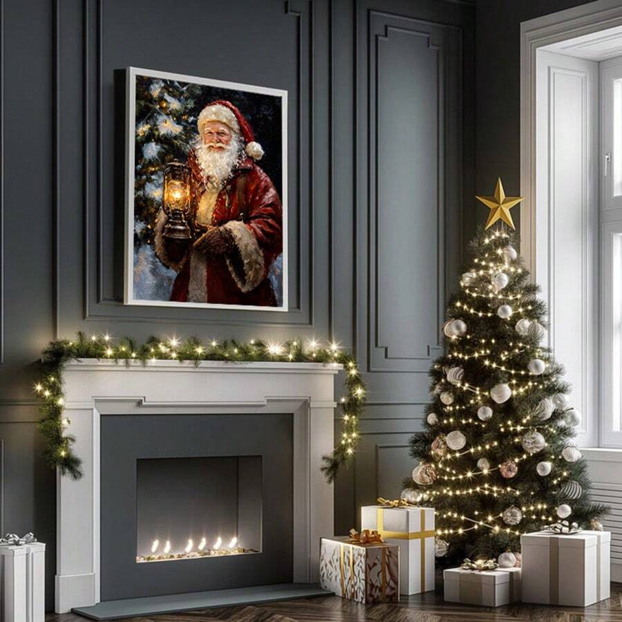 Framed Santa lantern wall art above a fireplace with garland and illuminated Christmas tree