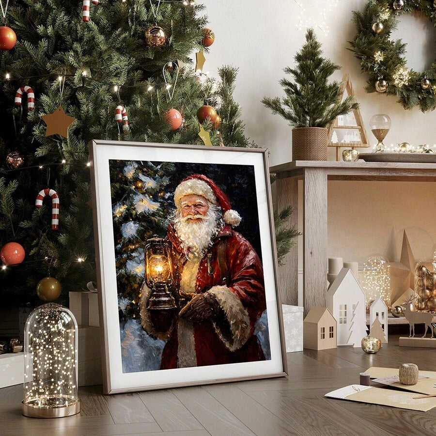 Framed Santa canvas artwork styled beside a decorated tree and festive tabletop village