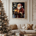 Wooden hanger Santa lantern artwork shown above a Christmas living room sofa