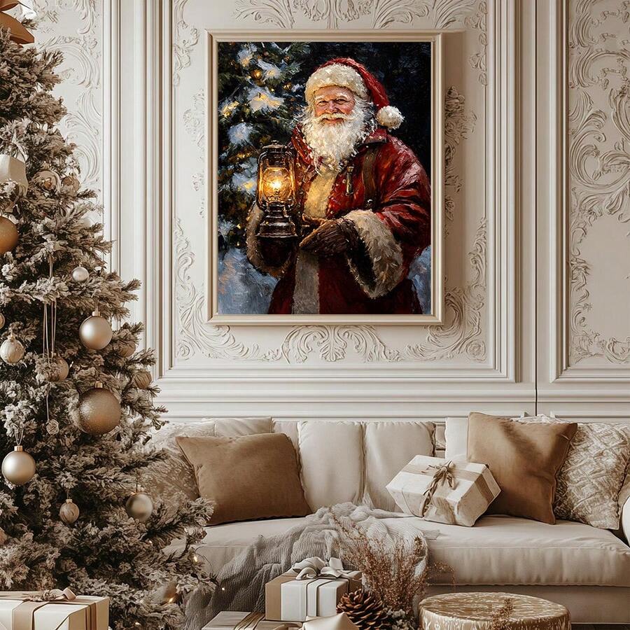 Wooden hanger Santa lantern artwork shown above a Christmas living room sofa