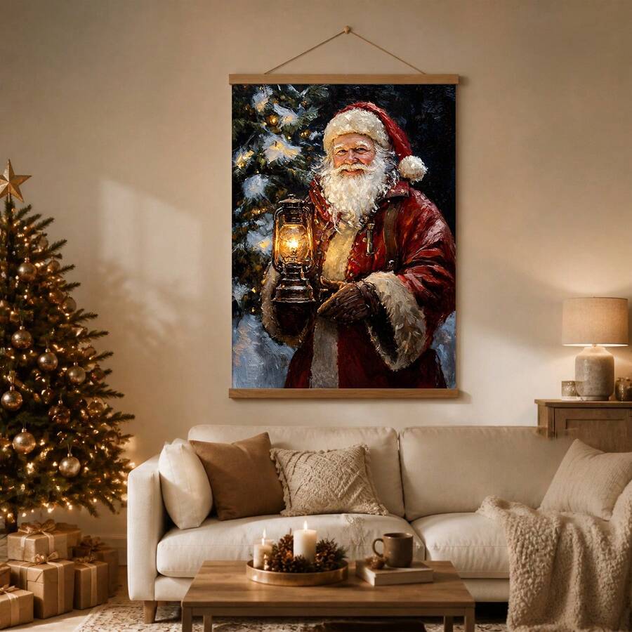 Santa Claus holding a glowing lantern beside a decorated Christmas tree in canvas wall art