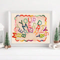White framed Merry and Bright festive canvas poster with miniature Christmas trees