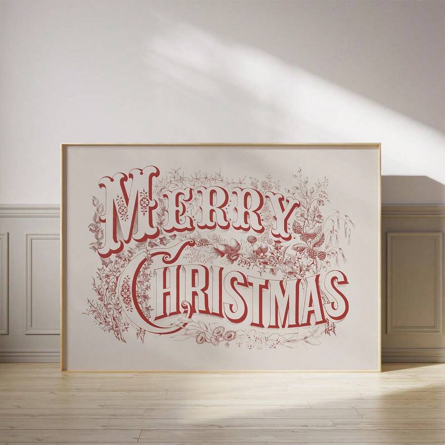 Vintage holiday typography poster in a natural wood frame