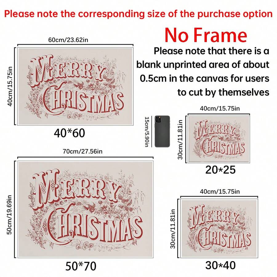 Merry Christmas canvas poster size guide showing framed and canvas-only options