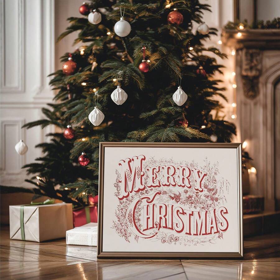 Merry Christmas wall art framed beside a decorated holiday tree and wrapped gifts
