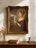 Ornate gold frame displaying burgundy-gowned woman portrait above books and brass candlestick
