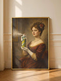 Gold framed vintage portrait in a sunlit entryway with warm wood floor