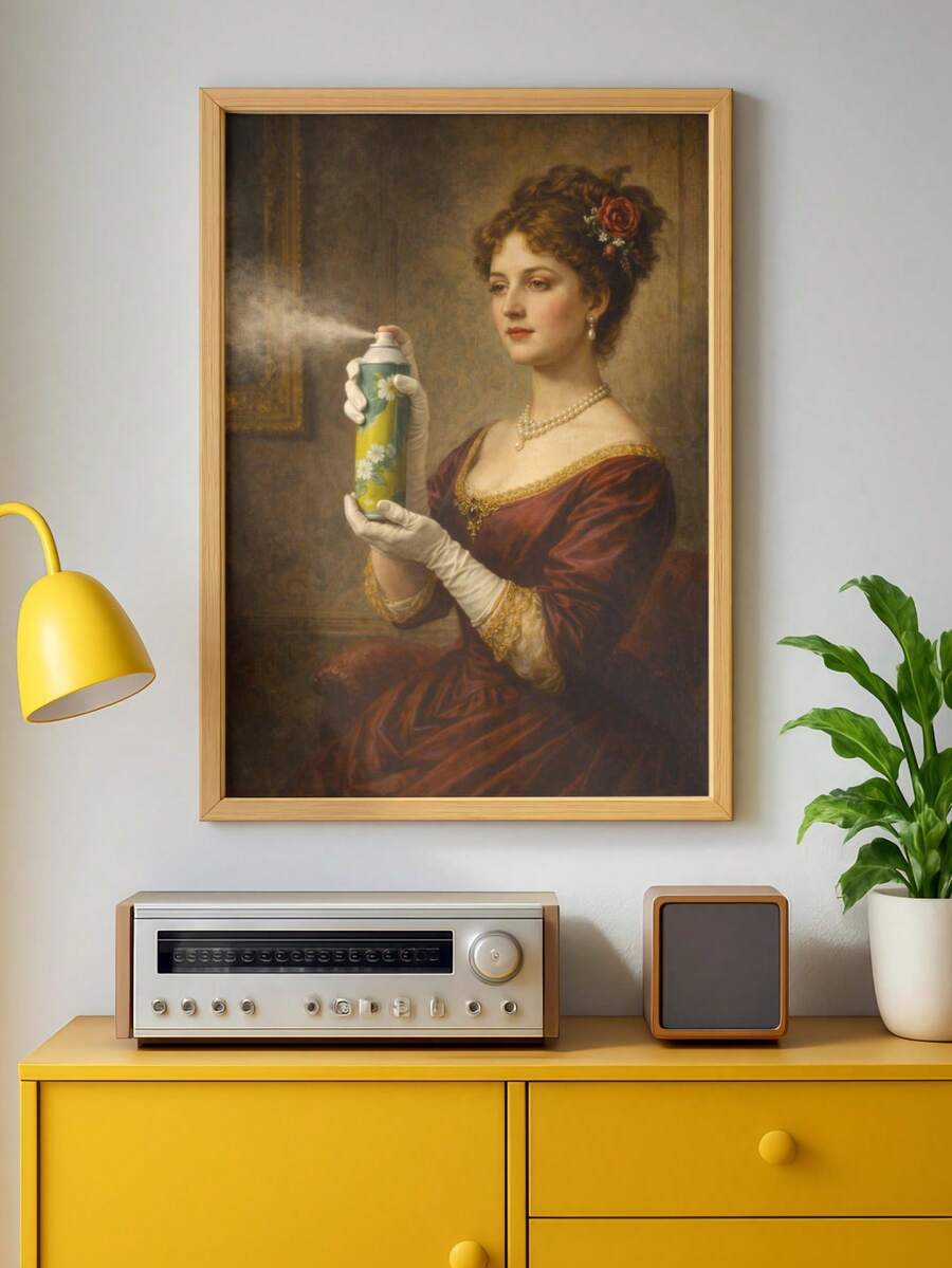 Pale wood framed lady portrait above bright yellow cabinet with lamp and green plant