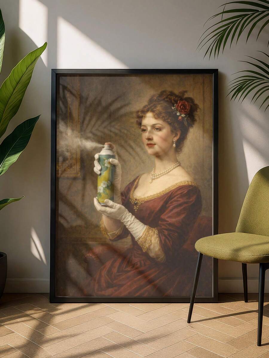Black framed portrait art displayed beside leafy plants and olive lounge chair