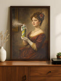 Dark wood framed spray can lady portrait styled above walnut cabinet with vase and succulent