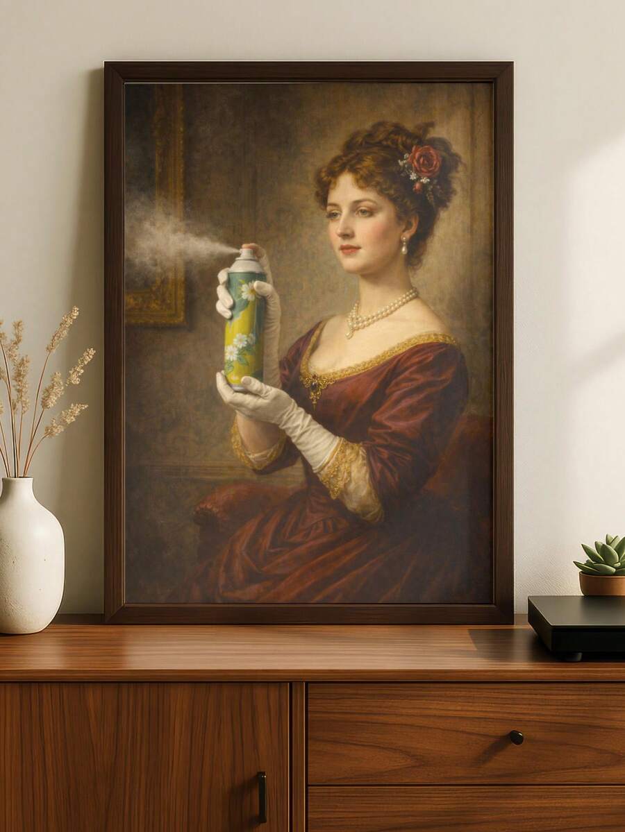 Dark wood framed spray can lady portrait styled above walnut cabinet with vase and succulent