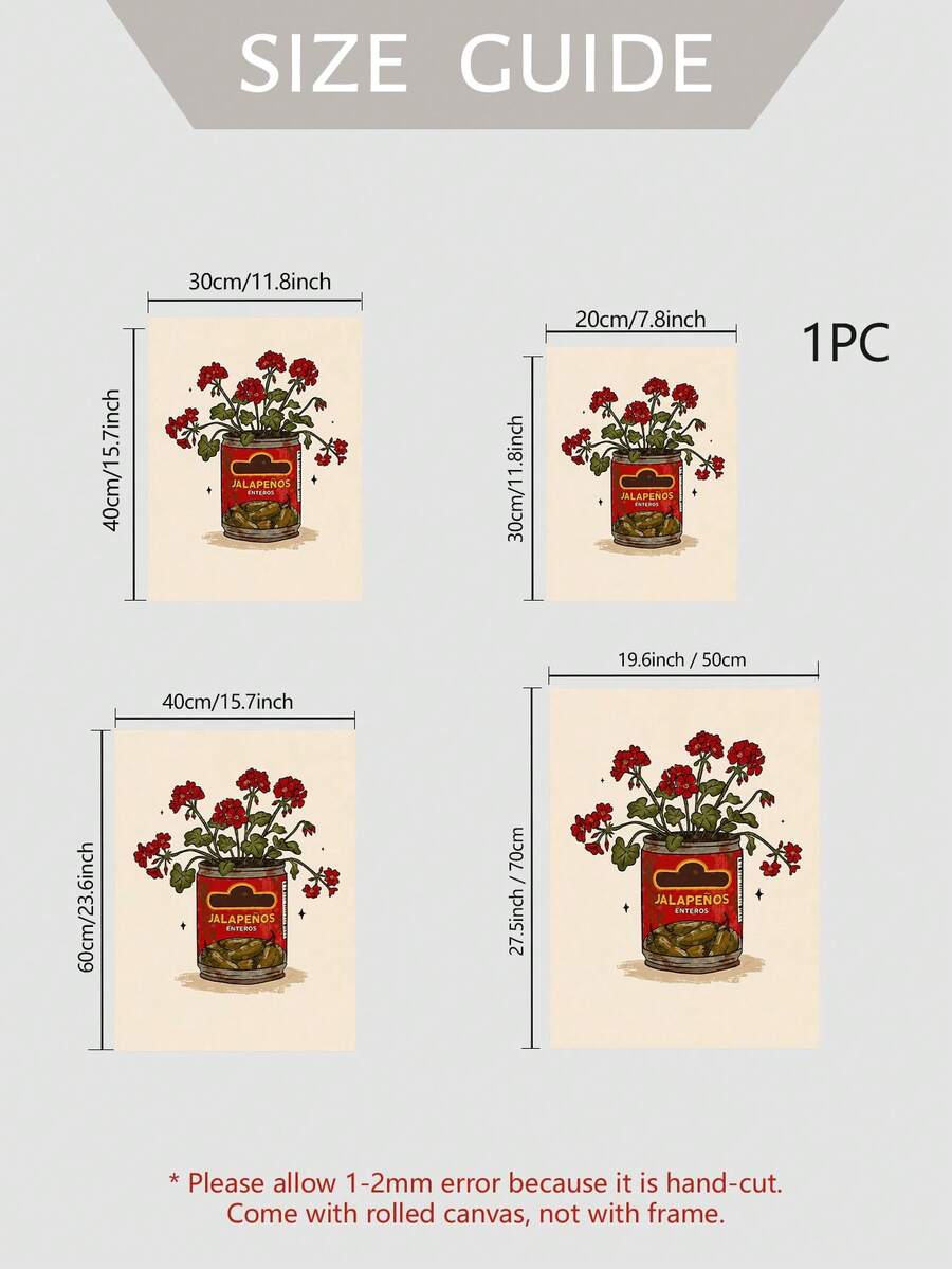 Size guide for unframed jalapeños can flower canvas poster in four dimensions