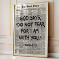Gold frame display of black Bible verse lettering on a vintage newspaper background